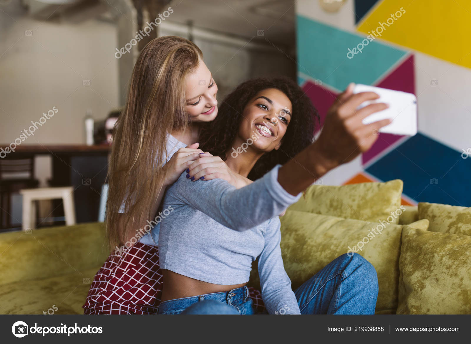 Young Smiling African American Woman Dark Hair Pretty Woman Blond