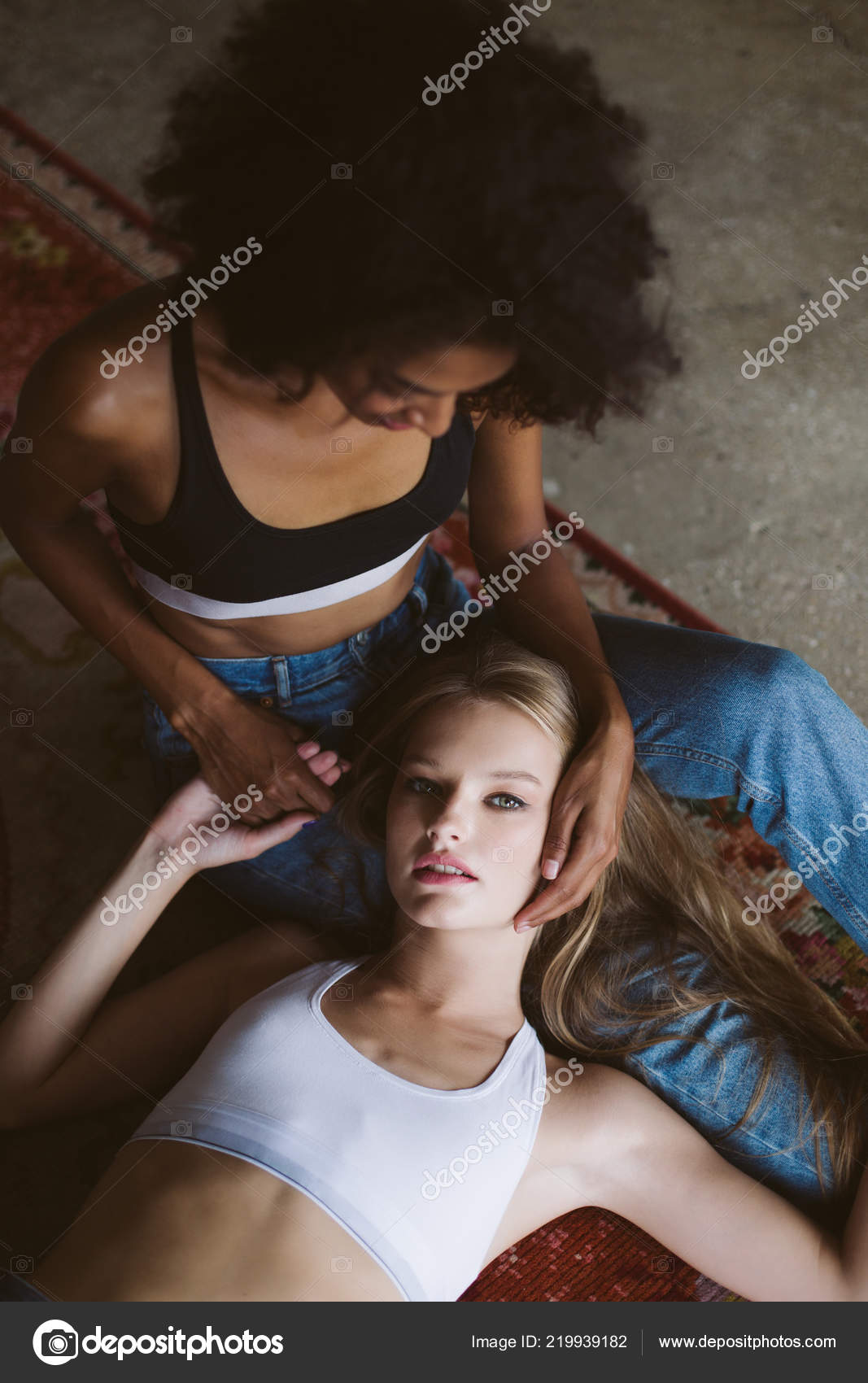 Portrait Young Beautiful Woman Blond Hair White Top Lying African