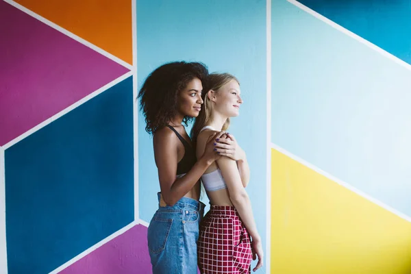 Joven Mujer Afroamericana Con Pelo Rizado Oscuro Abrazando Mujer Bonita —  Fotos de Stock