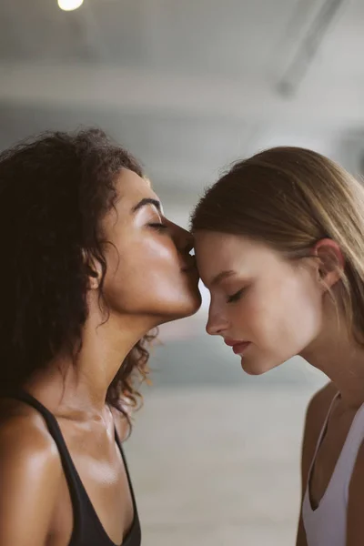 Retrato Jovem Afro Americana Com Cabelo Encaracolado Escuro Beijando Testa — Fotografia de Stock