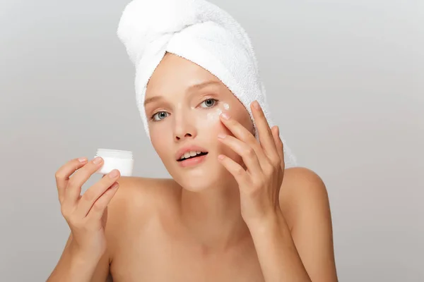 Portrait Young Pensive Woman Makeup White Towel Head Applying Face — Stock Photo, Image