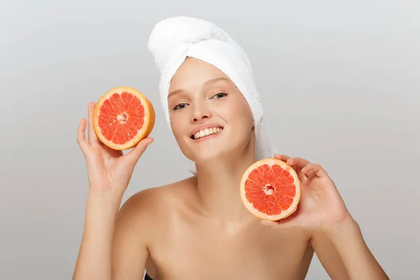 Portrait Young Cheerful Woman Makeup White Towel Head Holding Halves — Stock Photo, Image