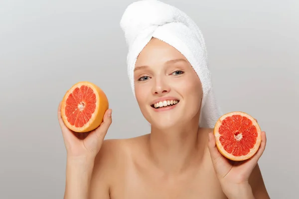 Portrait Smiling Girl Makeup White Towel Head Holding Halves Grapefruits — Stock Photo, Image