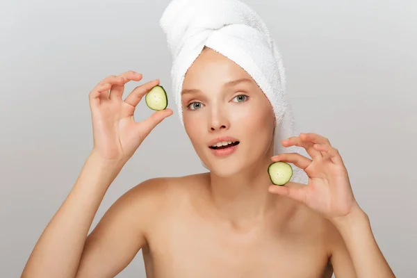 Portrait Young Woman Makeup White Towel Head Holding Slices Cucumber — Stock Photo, Image