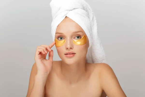 Portrait Young Attractive Woman White Towel Head Makeup Yellow Patches — Stock Photo, Image