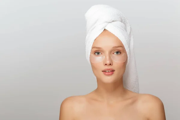 Portrait Pretty Lady White Towel Head Makeup Transparent Patches Eyes — Stock Photo, Image