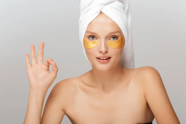 Portrait Young Attractive Lady White Towel Head Makeup Yellow Patches — Stock Photo, Image