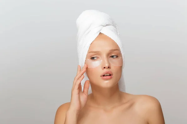 Portrait Young Upset Lady White Towel Head Makeup Transparent Patches — Stock Photo, Image