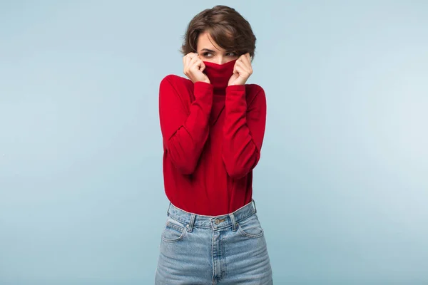 Young Attractive Woman Dark Short Hair Hiding Face Red Sweater — Stock Photo, Image