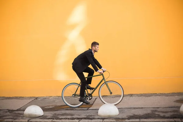 Young Attractive Man Classic Black Suit Wireless Earphones Thoughtfully Riding — Stock Photo, Image