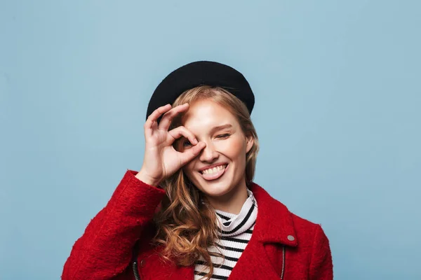 Close Beautiful Smiling Girl Wavy Hair Black Beret Red Jacket — Stock Photo, Image