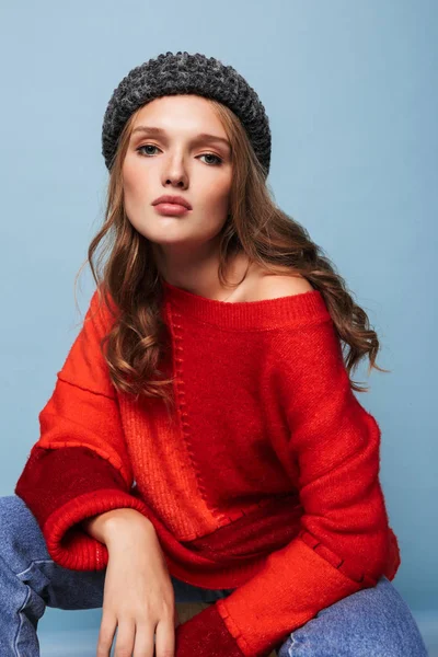 Young Beautiful Pensive Woman Wavy Hair Hat Red Sweater Thoughtfully — Stock Photo, Image