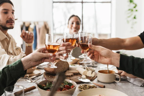 Close Hands International Friends Holding Glasses Wine Young Colleagues Happily — Stock Photo, Image