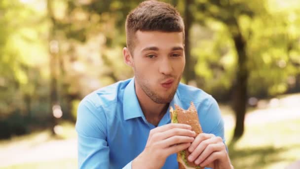 Gutaussehender Junger Geschäftsmann Der Einem Sonnigen Park Sehr Leckeres Sandwich — Stockvideo