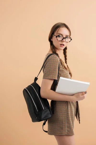 Young beautiful lady with two braids in tweed jumpsuit and eyegl — Stock Photo, Image