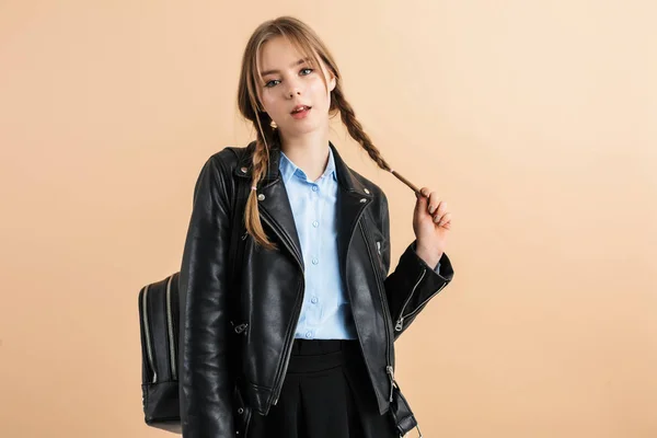 Young attractive lady with two braids in leather jacket and skir — 스톡 사진