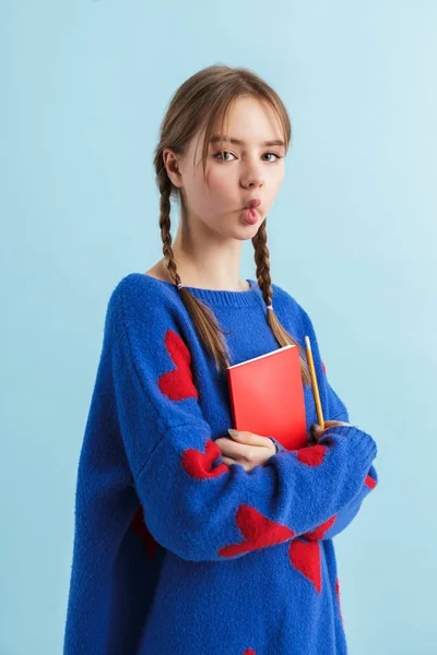 Joven chica atractiva con dos trenzas en suéter de gran tamaño con r — Foto de Stock