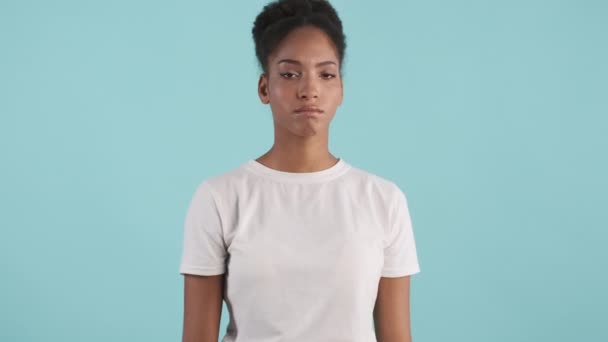 Portrait Upset Thoughtful African American Girl Sadly Showing Gesture Crossing — Stock Video