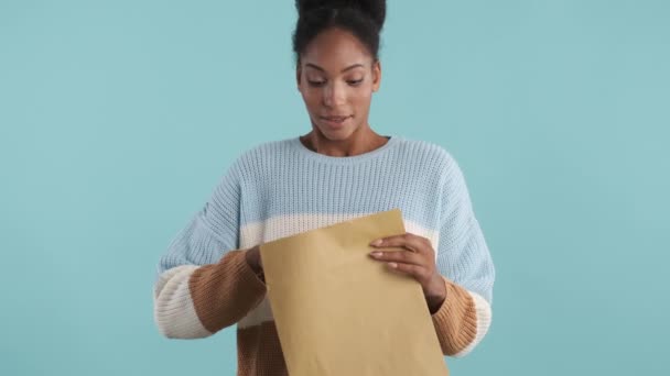 Attractive African American Girl Excitedly Opening Envelope Exams Results Joyfully — Stock Video