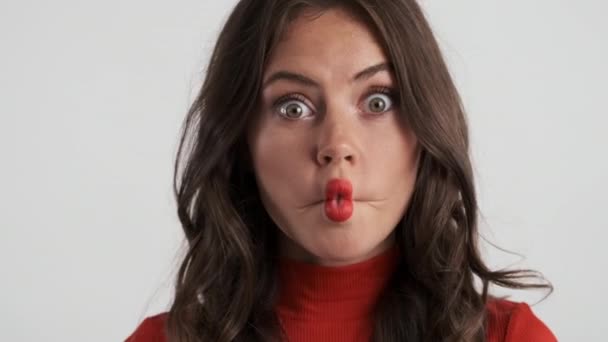 Portrait Pretty Brunette Girl Fooling Camera Gray Background Fish Expression — Stock Video