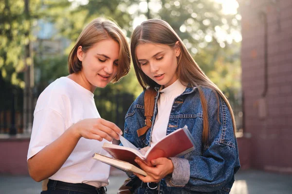 Kaksi houkuttelevaa rento opiskelija tytöt opiskelevat yhdessä tauon aikana yliopistossa ulkona — kuvapankkivalokuva