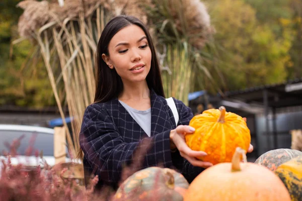 Young beautiful casual woman dreamily buying pumpkin for Halloween day at autumn farm shop outdoor — Stock Photo, Image