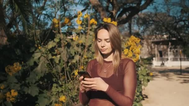 Στοχαστικό Ελκυστικό Κορίτσι Που Χρησιμοποιεί Smartphone Στέλνει Μήνυμα Ένα Φίλο — Αρχείο Βίντεο