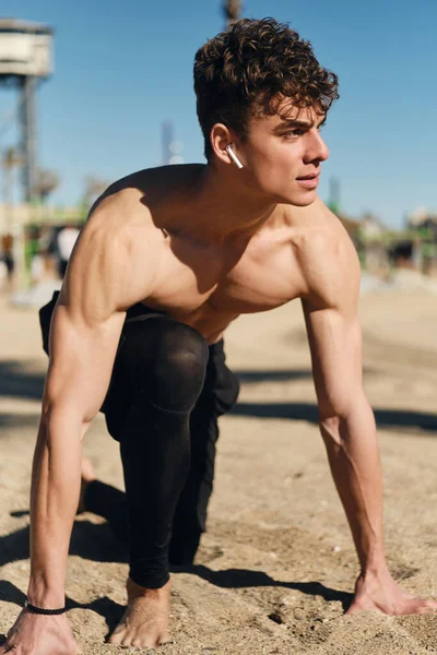 Young Confident Sporty Man Preparing Running Outdoor Handsome Guy Training — Stock Photo, Image