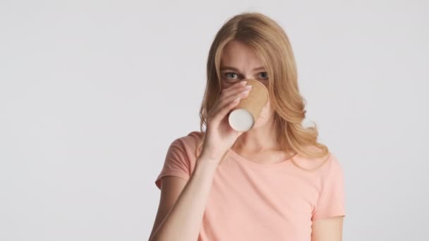 Beautiful Blond Woman Drinking Coffee Gray Background — Stock Video