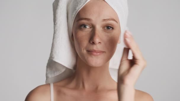 Young Attractive Woman Towel Head Cleaned Face Cotton Sponge Gray — Stock Video