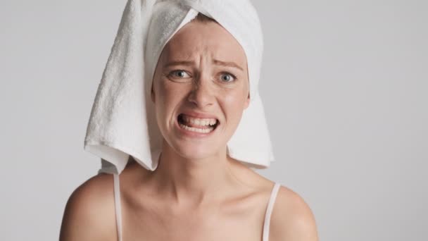 Young Upset Woman Toothbrush Showing Clean Her Teeth Sadly Looking — Stock Video