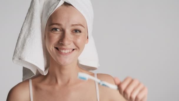 Close Beautiful Girl Towel Head Joyfully Dancing Toothbrush Isolated Happy — Stock Video