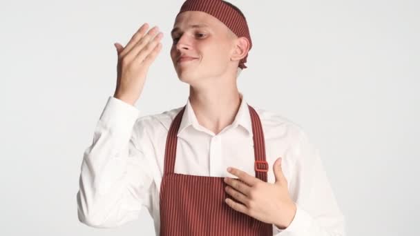 Young Handsome Chef Cook Uniform Happily Sniffing Delicious Smell Camera — Stock Video
