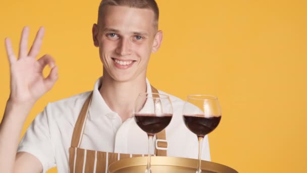 Retrato Jovem Garçom Atraente Bandeja Avental Segurando Com Vinho Alegremente — Vídeo de Stock