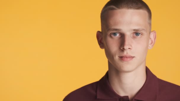 Portrait Young Attractive Blond Man Happily Looking Camera Colorful Background — Stock Video