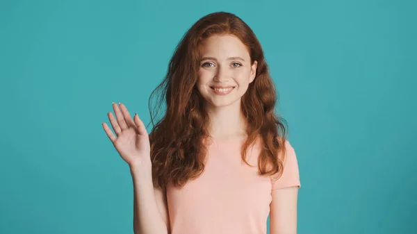 Beautiful Redhead Girl Smiling Happily Waving Hello Camera Colorful Background — Stock Photo, Image