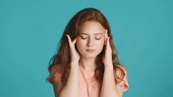 Portrait Upset Redhead Girl Showing Headache Camera Colorful Background Tired — Stock Photo, Image