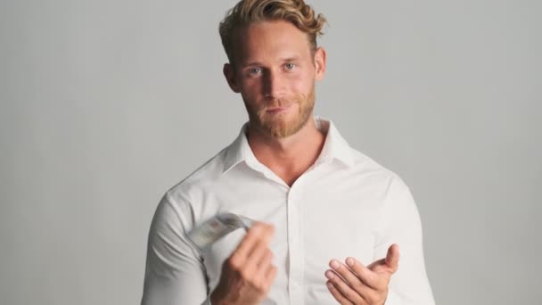 Handsome Stylish Blond Bearded Businessman Holding Wad Money Confidently Posing — Stock Video