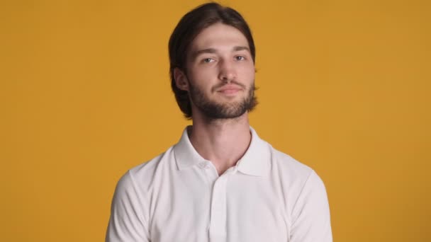 Attractive Serious Guy Confidently Waving Gesture Colorful Background Disagree Expression — Stock Video