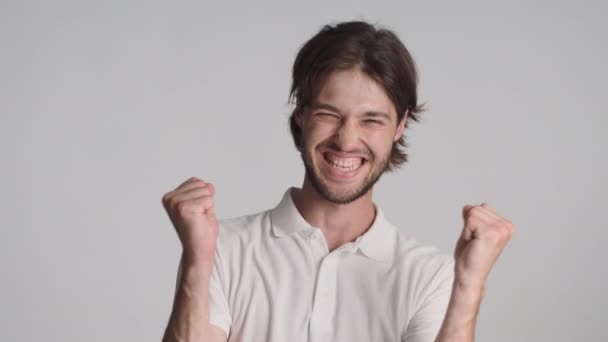 Handsome Cheerful Guy Happily Showing Yes Gesture Hands Rejoicing Camera — Stock Video