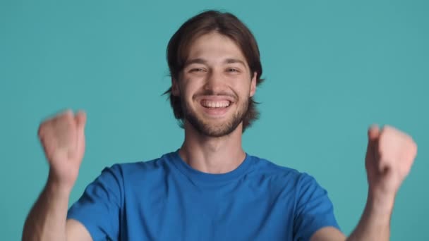 Handsome Cheerful Bearded Guy Happily Showing Yes Gesture Hands Rejoicing — Stock Video