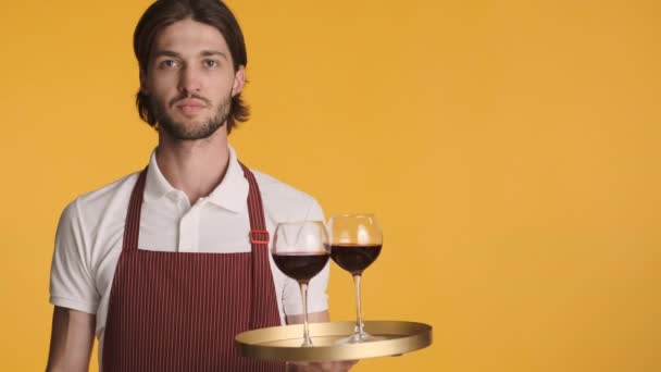 Genç Çekici Garson Elinde Kırmızı Şarapla Renkli Arka Planda Mutlu — Stok video