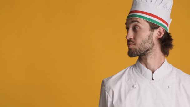 Handsome Professional Chef Uniform Amazedly Looking Aside Copy Space Showing — Stock Video