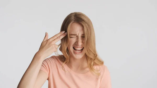 Upset Screaming Blond Girl Showing Gun Sign White Background Gun — Stock Photo, Image