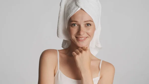 Beautiful Smiling Girl Smooth Healthy Skin Wearing Towel Head Happily — Stock Photo, Image