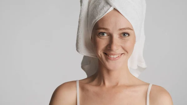 Portrait Smiling Girl Smooth Healthy Skin Towel Head Happily Looking — Stock Photo, Image