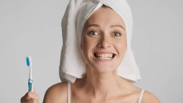 Portrait Girl Towel Head Toothbrush Hand Smiling Showing Clean Her — Stock Photo, Image