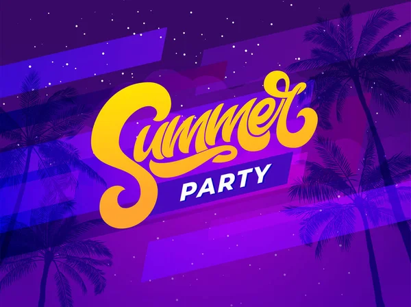 Summer party lettering on ultraviolet background with palm tree. Vector template for night club party. Vector typography for banner, poster, flyer, card, postcard, cover, brochure. — Stock Vector
