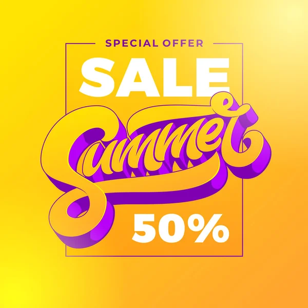 Bannière de vente d'été jaune. 50 Off sur un fond orange. Offre spéciale typographie. Modèle pour annonce, bannière de vente, affiche, dépliant. Illustration vectorielle . — Image vectorielle