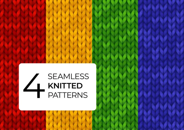 Seamless set knitted patterns in bright saturated colors. Colorful realistic knitted textures for background of site, postcards, wallpapers, banners. Vector illustration for dark background. — Stock Vector